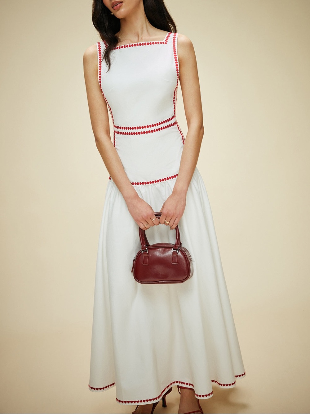 NWT Commense White Red Trim Maxi Dress Tie Back Cotton Vacation Dress Size M - Picture 6 of 13